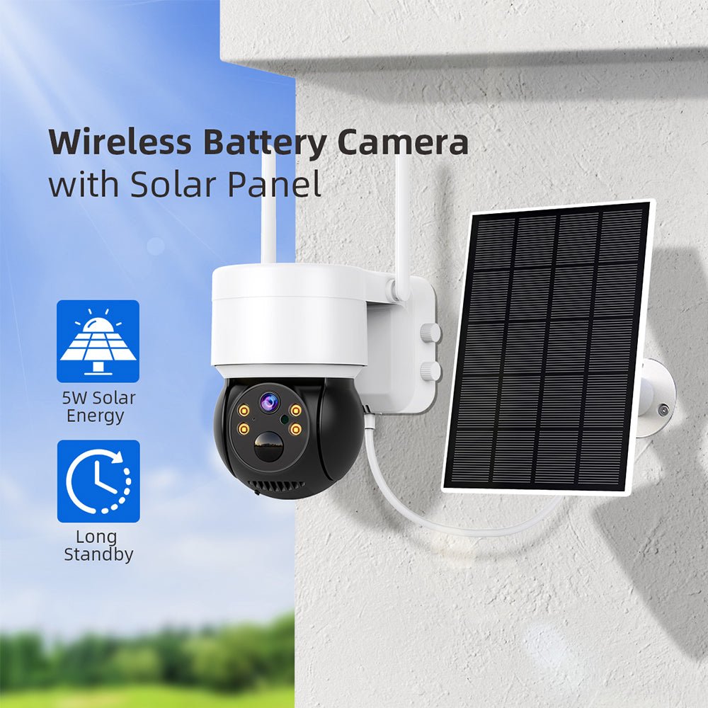Wireless battery security camera mounted on white wall with connected solar panel under blue sky