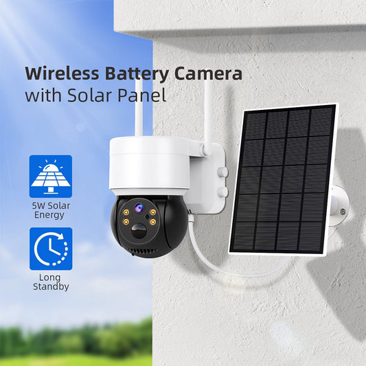 Wireless battery security camera mounted on white wall with connected solar panel under blue sky