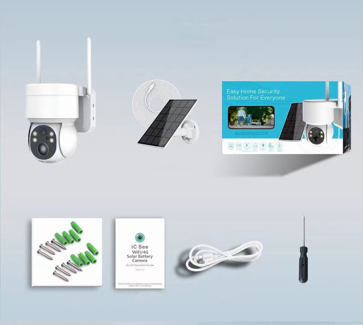 Wireless white outdoor security camera with solar panel, mounting screws, USB cable, screwdriver, and blue packaging box